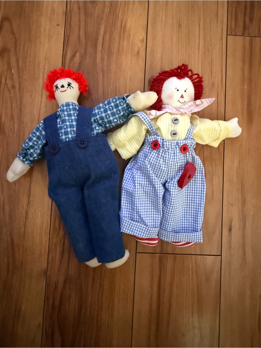 Vintage Handmade Rag Dolls Pair - Classic Red Yarn Hair Fabric Dolls